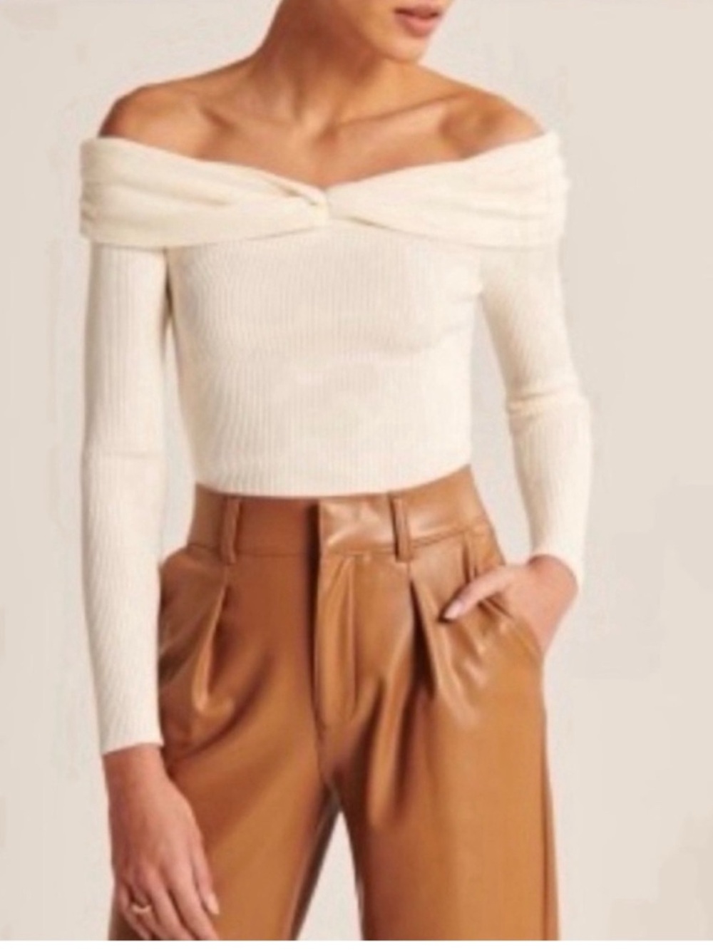Abercrombie Women's Off-Shoulder Ribbed Cream Sweater
